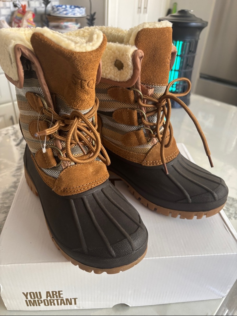 STC Tan Suede Duck Boots with Sherpa Collar